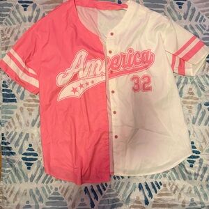 SHEIN Pink & White America 32 Baseball Jersey Shirt Size Small